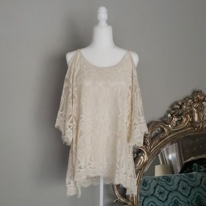 BKE Boutique Beige Lace Cold Shoulder Bouse
